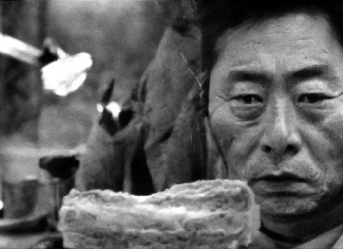 Image similar to a movie still of a samurai slicing a loaf of bread, a movie by Akira Kurosawa