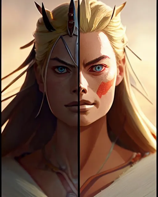 Prompt: azctec warrior, margot robbie, detailed perfect face, exquisite details, fire magic, mid view, design on a white background, by studio muti, greg rutkowski makoto shinkai takashi takeuchi studio ghibli