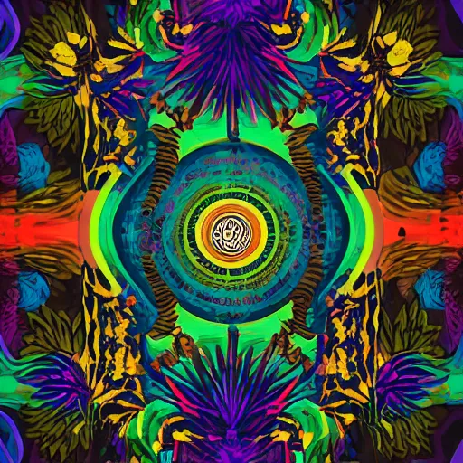 Image similar to a vintage soul album cover of a psychedelic forest surrounded by glowing flowers, symmetrical, black and gold