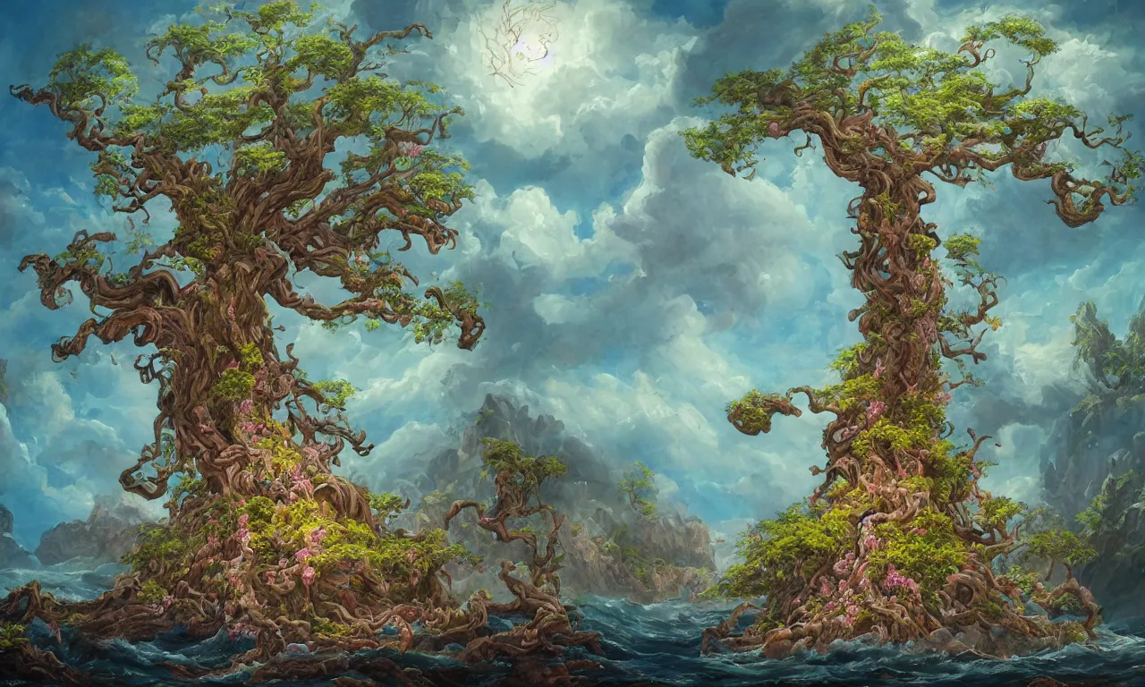 Image similar to a beautiful painting of a huge sacred and mystical and mysterious tree growing on an island with blooming with exotic glowing flowers and bugs, in the middle of a violent tumultuous sea, by john blanche, trending on artstation, midjourney