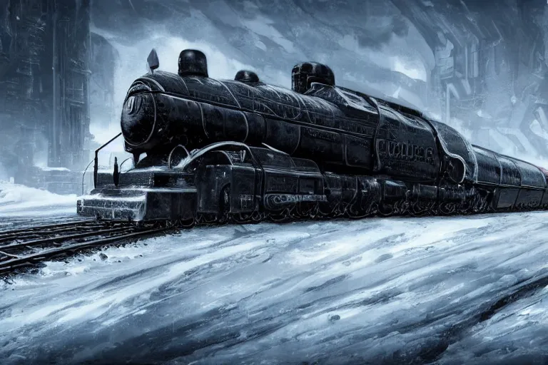 Prompt: a grand intricate futuristic black steam train and a giant mammoth, post - apocalyptic ice landscape in snowstorm, concept art, artstation, highly detailed, digital art