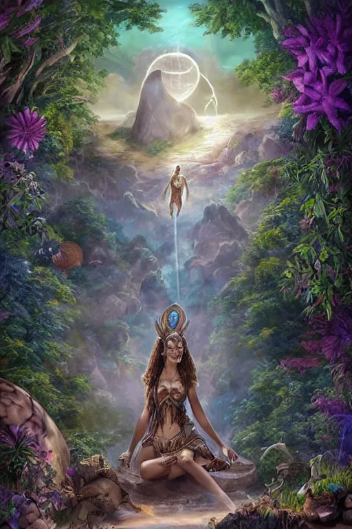 Image similar to A fantasy book style portrait painting of the Great Turtle Island at the center of the Universe, accompanied by a hybrid of, Anya_Taylor-Joy, Cory Chase, as a Mystical Valkyrie, Anubis-Reptilian, Atlantean Warrior, Cozy, hotspring hidden in a Cave, candlelight, towels, cushions, natural light, lush plants and flowers, elegant, smooth cave rock, fantasy, atmospheric lighting, digital painting, François Boucher, Oil Painting, Crisp clear resolution, unreal 5, DAZ, hyperrealistic, octane render, Regal, Refined, Detailed Digital Art, RPG portrait, William-Adolphe Bouguereau, Michael Cheval, Walt Disney (1937), Steampunk, Volumetric Golden dappled dynamic lighting, Highly Detailed, Cinematic Lighting, Unreal Engine, 8k, HD