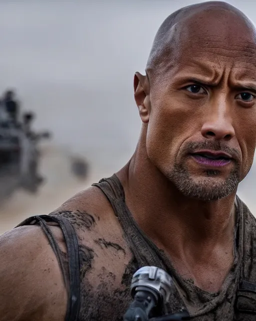 Image similar to film still close up shot of dwayne johnson as max rockatansky in the movie mad max. photographic, photography