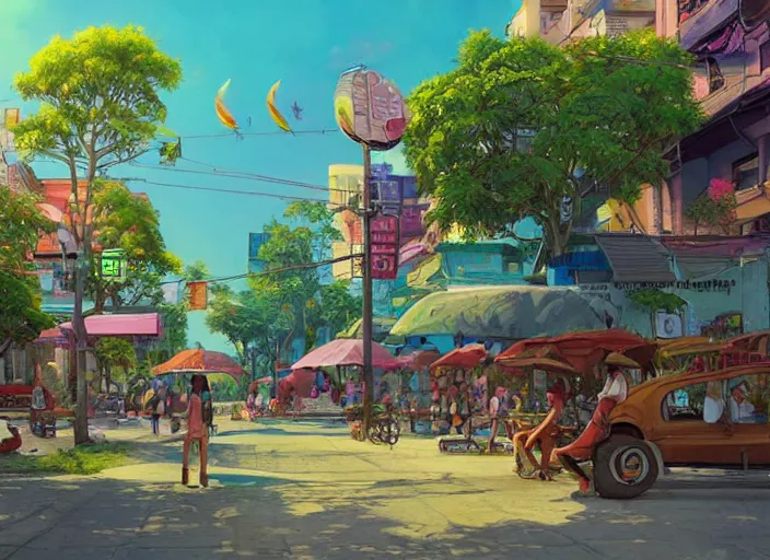 Image similar to bangkok townsquare, summer morning, very coherent and colorful high contrast, art by gediminas pranckevicius, geof darrow, makoto shinkai, dark shadows, hard lighting