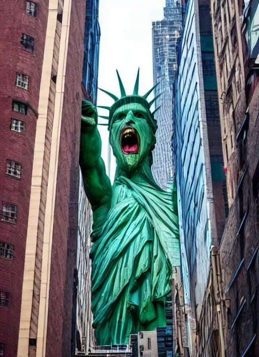 Image similar to giant monster walking between buildings, and it has the angry face of the statue of liberty