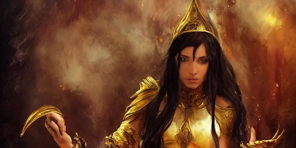 Image similar to a young priestess with long black hair weavering golden string of magic, barroque painting, ultra realistic. cinematic, dynamic. magic the gathering style. epic fantasy