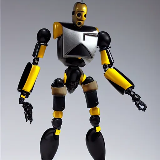 Prompt: a tall robot action figure with dark grey and yellow armor n -9