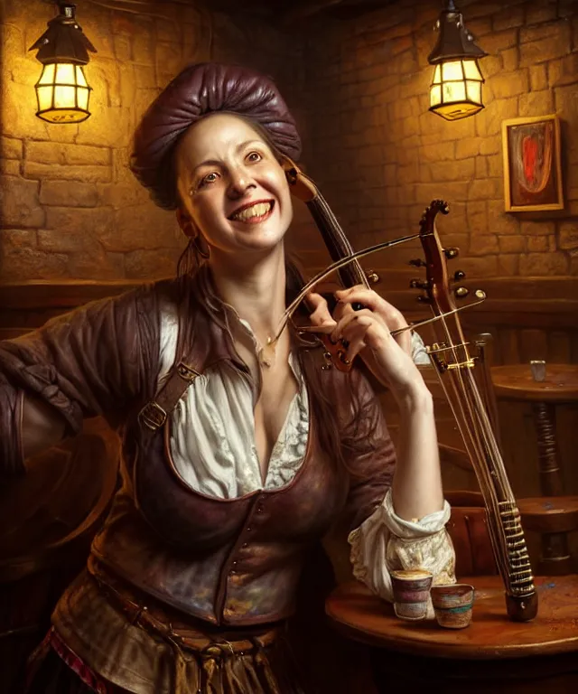 Image similar to hyperrealistic mixed media painting of a grinning female bard, dimly lit cozy tavern, leather tunic, confident relaxed pose, d&d, stunning 3d render inspired art by Tim Okamura and Lise Deharme + perfect facial symmetry + dim volumetric lighting, 8k octane beautifully detailed render, post-processing, extremely hyperdetailed, intricate, epic composition, grim yet sparkling atmosphere, cinematic lighting + masterpiece, trending on artstation, very very detailed, masterpiece, stunning