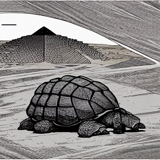 Image similar to gigantic colossal tortoise in the desert below pyramid ziggurat highly detailed concept art schematic, Laurie Greasley