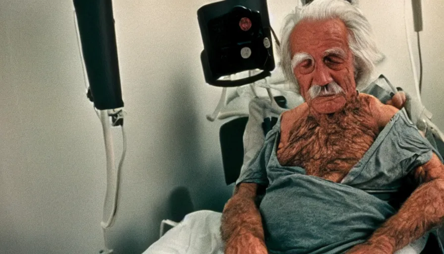 Image similar to 7 0 s movie still of a old man with a spiral in the chest in the hospital, cinestill 8 0 0 t 3 5 mm eastmancolor, heavy grain, high quality, high detail