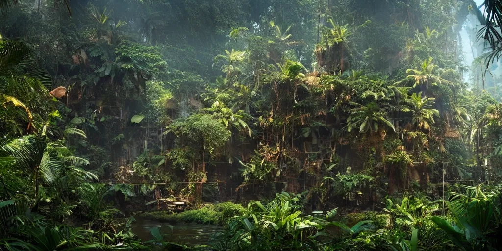 Image similar to tropical jungle, wall wood fortress, Photorealistic, plants environment, wide angle, establishing shot, cinematic lighting, atmospheric, realistic, octane render, highly detailed, color graded, matte painting in the style of craig mullins