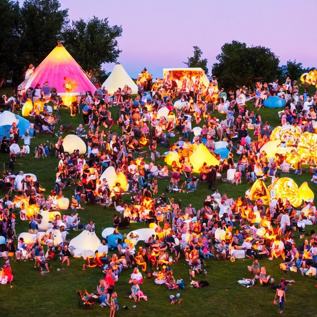 Image similar to festival theme camp called the poppin'kernels, with giant popcorn and movie projector outdoors at dusk