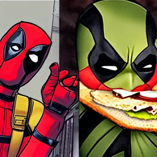 Image similar to deadpool eating a subway sandwhich photorealistic