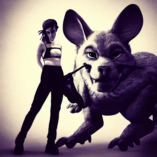 Prompt: emma watson posing next to a giant mouse, digital portrait, yoji shinkawa, artstation