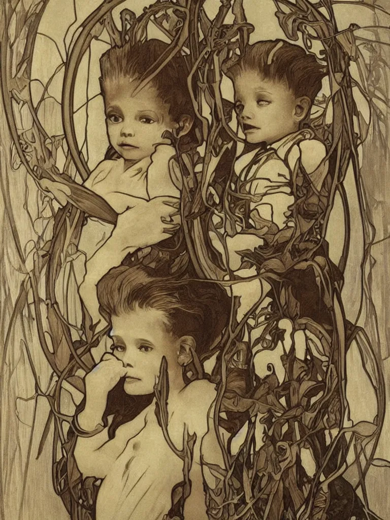 Prompt: realistic detailed portrait of a baby groot in the mirror, god ray behind,, scary style, by alphonse mucha