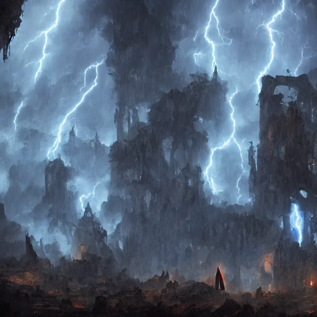 Image similar to a still of a cloaked figure standing in the ruins of crux prime, monastery, there is lightning, blue fiery maelstrom in the distance, it is raining, digital art, artstationhq