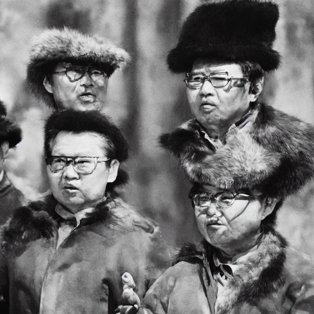 Image similar to filmstill of Kim Jong-il wearing a furry chapka and playing the role of Omar Sharif in Doctor Zhivago by David Lean, 1965, cinemascope, Eastman Color Negative 50T 5251 Neg. Film, epic romance