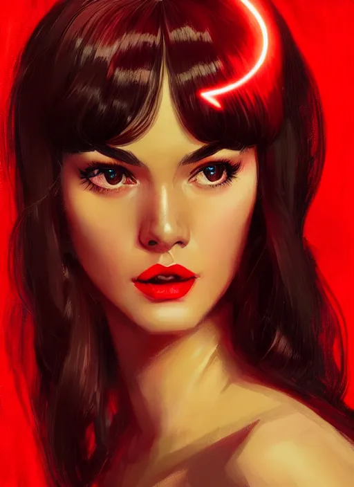 Image similar to portrait of veronica lodge with bangs, 1 9 6 0 s, long hair, red clothes, bangs, intricate, elegant, glowing lights, highly detailed, digital painting, artstation, concept art, smooth, sharp focus, illustration, art by wlop, mars ravelo and greg rutkowski