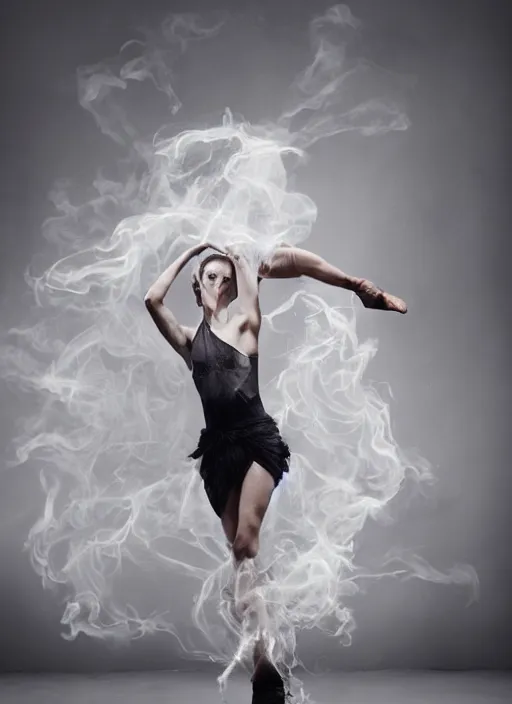 Prompt: a photorealistic dramatic hyperrealistic render photography of a glamorous beautiful female dancer by ken brower and deborah ory of nyc dance project, lois greenfield, lord of the rings, neon, flowing cloth and smoke, beautiful dynamic dramatic dark moody lighting, beautiful intricate face, volumetric, shadows, artgerm, alphonse mucha, cinematic atmosphere, octane render, 8 k