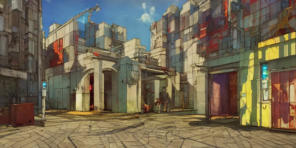 Prompt: neo brutralism, concrete housing, an archway, concept art, colorful, vivid colors, sunshine, light, shadows, reflections, oilpainting, cinematic, 3D, in the style of Akihiko Yoshida and Edward Hopper