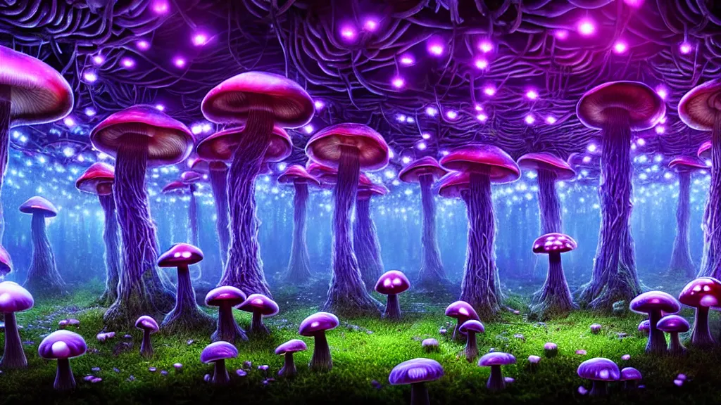 Prompt: exploring a mushroom forest, acid trip, hall of mirrors, ultra-detailed, a hyperrealistic image of a mycelium forest with neon glowing mushrooms, with magical creatures, by tian gan, trending on patreon, artstation, deviantart. Unreal engine