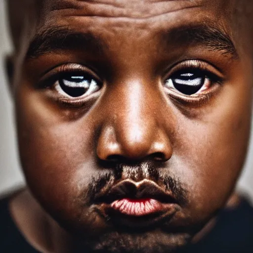 Image similar to the face of kanye west at 9 years old, portrait by julia cameron, chiaroscuro lighting, shallow depth of field, 8 0 mm, f 1. 8