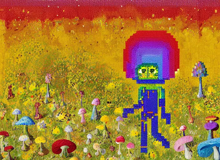 Image similar to pixel decollage painting golden armor alien zombie horseman riding on a crystal bone dragon broken rainbow diamond maggot horse in a blossoming meadow full of colorful mushrooms and golden foil toad blobs in a golden sunset, distant forest horizon, painted by Mark Rothko, Helen Frankenthaler, Danny Fox and Hilma af Klint, pixelated, neo expressionism, semi naive, pastel colors, cinematic, color field painting, cave painting, voxel, pop art look, outsider art, minimalistic. Bill Traylor painting, part by Philip Guston, Amano and Francis Bacon. art by Adrian Ghenie, very coherent symmetrical artwork, cinematic, hyper realism, high detail, octane render, unreal engine, Smooth gradients, depth of field, full body character drawing, extremely detailed, 8k, extreme detail, intricate detail, masterpiece