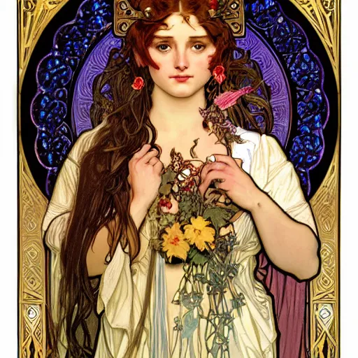 Prompt: realistic detailed face portrait of Persephone by Alphonse Mucha, Greg Hildebrandt, and Mark Brooks, gilded details, spirals, Neo-Gothic, gothic, Art Nouveau, ornate medieval religious icon