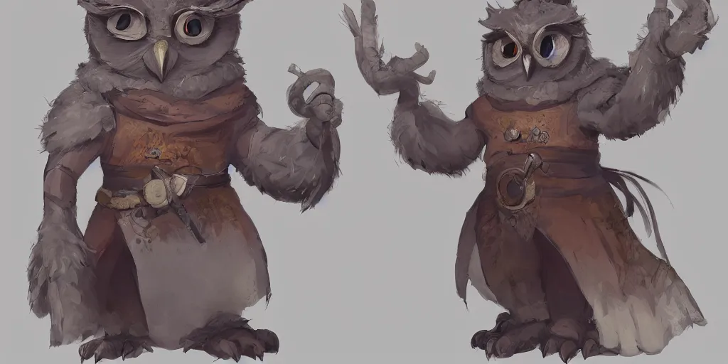 Prompt: character design, concept art, anthropomorphic owl wearing medieval clothes, unreal engine, by studio ghibli,