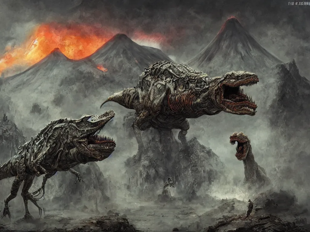 Prompt: A hyperrealistic illustration of a cyborg dinosaur in a strange landscape with volcanoes and smoke, by Enki Bilal, Anato Finnstark, award-winning, masterpiece, extreme detail, sharp focus