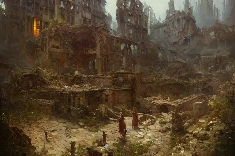 Image similar to ethnic municipality sitting in the ruins of what shrivel of life still exists, digital painting by greg rutkowski and gaston bussiere, trending on artstation, cgsociety contest winner, comprehensive art, intricately defined, zbrush, lowly dimmed atmosphere, shriveling light contrast, 4 k