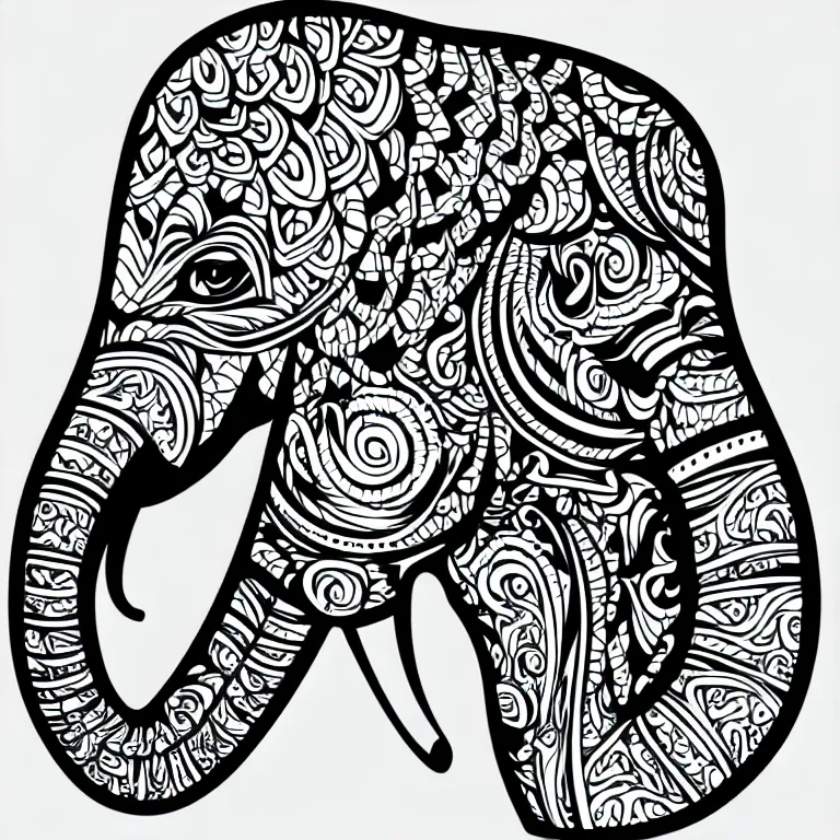 Prompt: beautiful elephant's head, ornamental, fractal, line art, vector, outline, simplified, colouring page