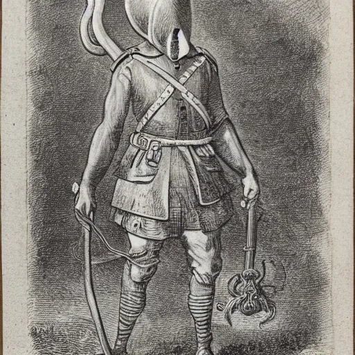 Image similar to A British colonial soldier with an octopus head, engraving, ink, black and white, 14th century