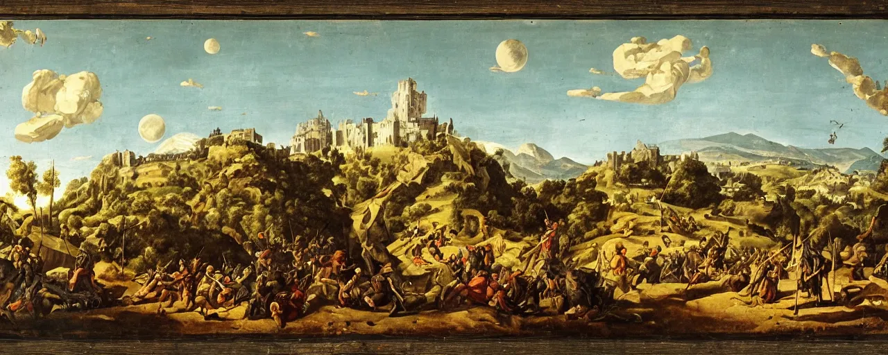 Prompt: portrait, mountain, knights, spears, fortress, siege, oaks, trees, architectural, colossal lightning, temple, war, famine, death, wide angle, puffy clouds, skies behind, stars in sky, Moon, italian masterpiece, Ashford Black Marble, sculpture, baroque, draped with horrors and spines, drapes, ocher details, still life, Obsidian, portrait, render, artstation, ultra detailed