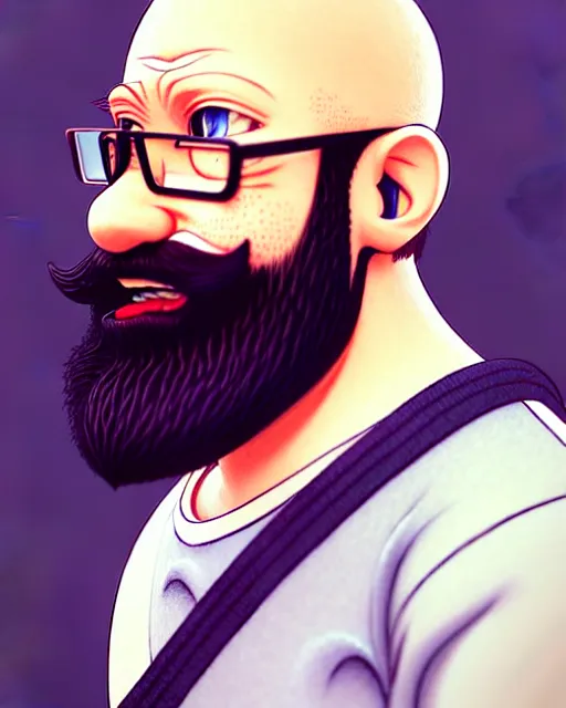 Image similar to 3D illustration depicting a scruffy bearded bald ginger boy, streaming videogames on twitch, complex artistic style, color ink pen illustration, subtle detailing, illustrated by Artgerm and Range Murata.