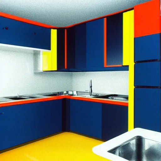 Prompt: 1970's futurist interior kitchen, furnished by aero aarino, primary colors are white, orange, yellow, and red unreal engine 8k resolution