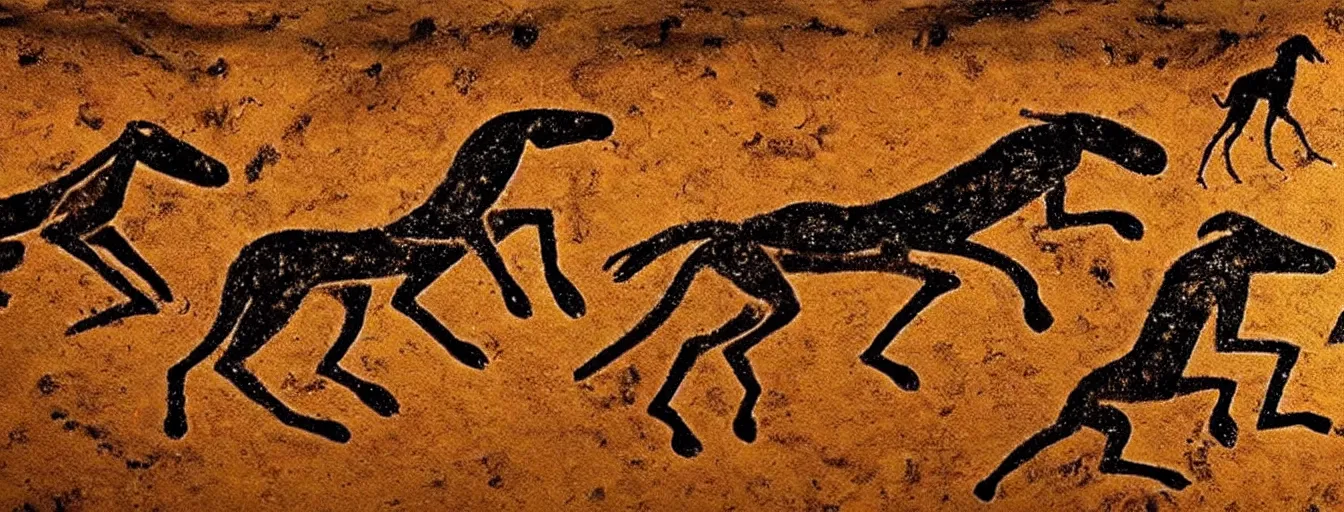 Image similar to prehistoric cave painting of running animals, highly detailed, upscaled