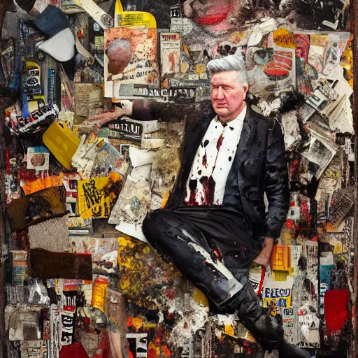 Image similar to hyperrealistic, photorealistic, mixed media oil painting of david lynch, magazine scraps, plaster, blood, oil, mustard, cigarettes, splatter, greg rutkowski, basquiat, ralph steadman, terry gilliam