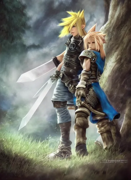 Image similar to cloud from final fantasy 7 and link from zelda fighting in the forest, fantasy, medieval, vivid colors, fantasy, elegant, concept art, sharp focus, beautiful face!!, digital art, hyper - realistic, 4 k, unreal engine, highly detailed, hd, dramatic lighting by brom, trending on artstation