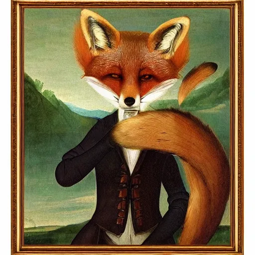 Prompt: the renaissance painting framed on a wall, except it is of an anthropomorphic male fox in a Victorian suit