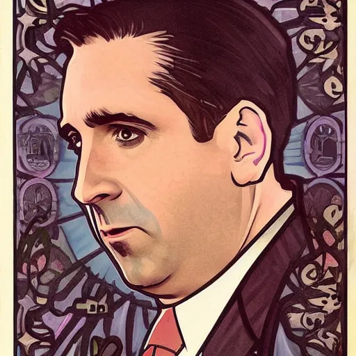 Image similar to a detailed animated portrait of Michael Scott from The office, wearing pijamas, by Alphonse Mucha