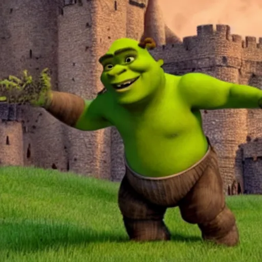 Image similar to shrek rolling down a hill towards a castle with explosives strapped to his chest