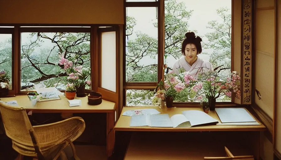 Image similar to 1 9 9 0 s candid 3 5 mm photo of a beautiful day in the a dreamy japanese flowery cottage designed by gucci, cinematic lighting, cinematic look, golden hour, a desk for flower arrangements and journaling has sun shinning on it through a window, temple in the distance, photographed by petra collins, uhd