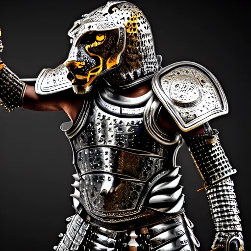 Image similar to photo of a warrior with metal jaguar armour, highly detailed, 4k, HDR,