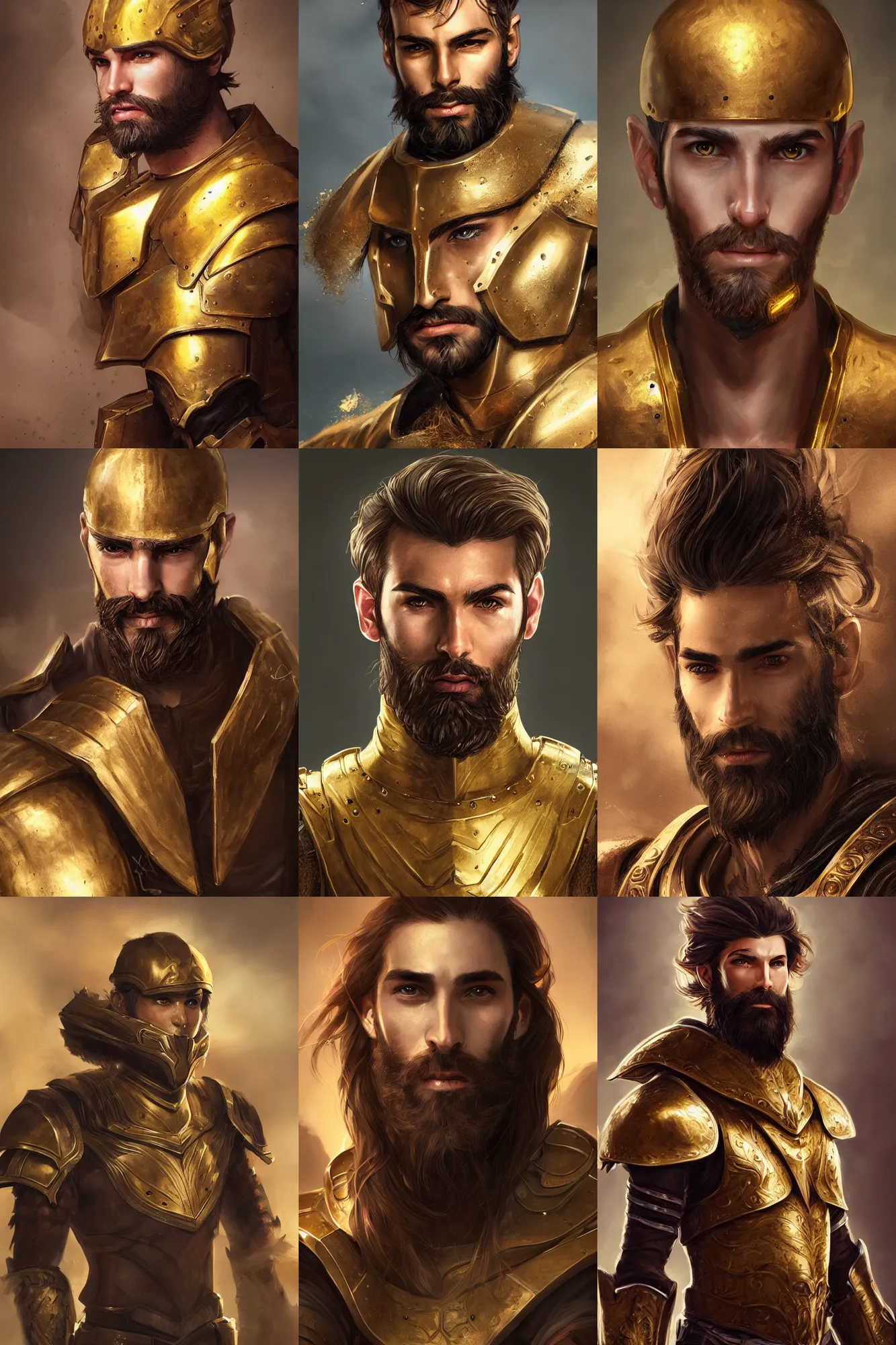 Prompt: portrait of a rugged young man, thin brown beard, expensive gold armour. makeup. cinematic lighting, highly detailed, full body shot. slender. In the style of artgerm