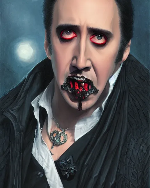 Image similar to nicolas cage as dracula, bat wings, highly detailed, centered, artstation, concept art, smooth, sharp focus, illustration, bokeh art by artgerm and donato giancola and joseph christian leyendecker