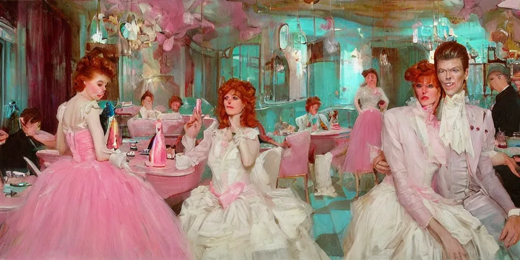 Prompt: 3 d david bowie, dressed in a pink, white, and teal ballgown, in an ice cream parlor, master painter and art style of noel coypel, art of emile eisman - semenowsky, art of edouard bisson