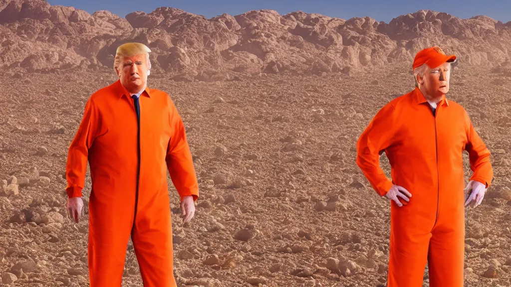 Image similar to Donald Trump wearing an orange jumpsuit captured by ISIS militants in the desert, Kodak film photo, 8k, highly detailed, artstation