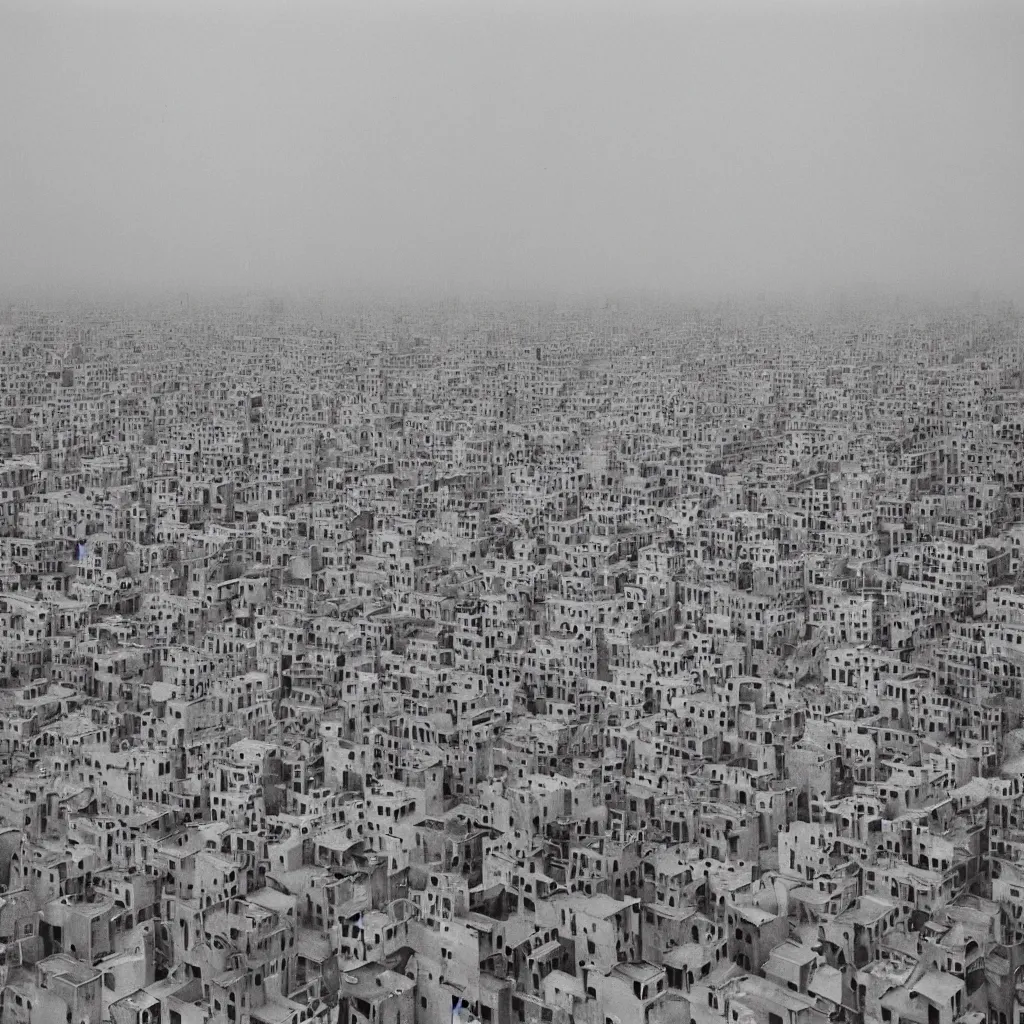 Image similar to towers made up of densely stacked makeshift squatter shacks with pastel colours suspended over a quagmire, plain uniform sky at the back, misty, mamiya, ultra sharp, very detailed, photographed by man ray