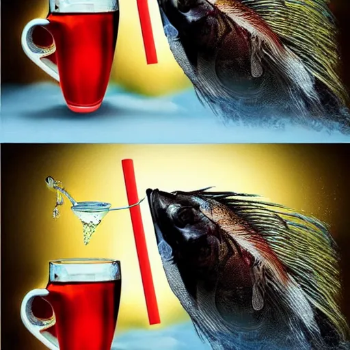 Image similar to photomanipulation of a supernatural fish drinking a cup of tea by a straw.